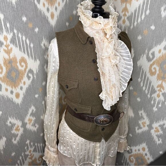 Ralph Lauren Olive Herringbone and Leather Gilet Waistcoat Vest - Picture 6 of 16